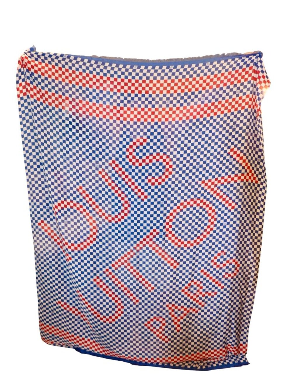 Louis Vuitton Paris Blue Red White Checkered Cotton Silk Scarf With Fringe Trim